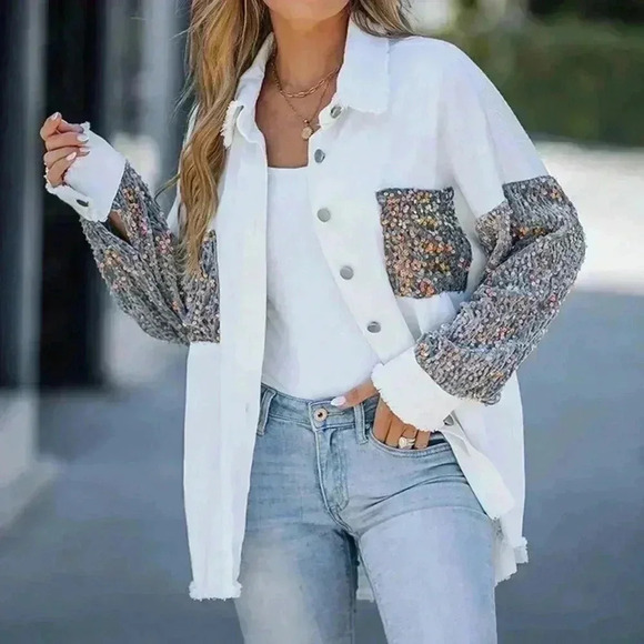 White Party Women's Turn-Down Collar Sequin Raw Hem Button Down Shacket - Picture 1 of 5